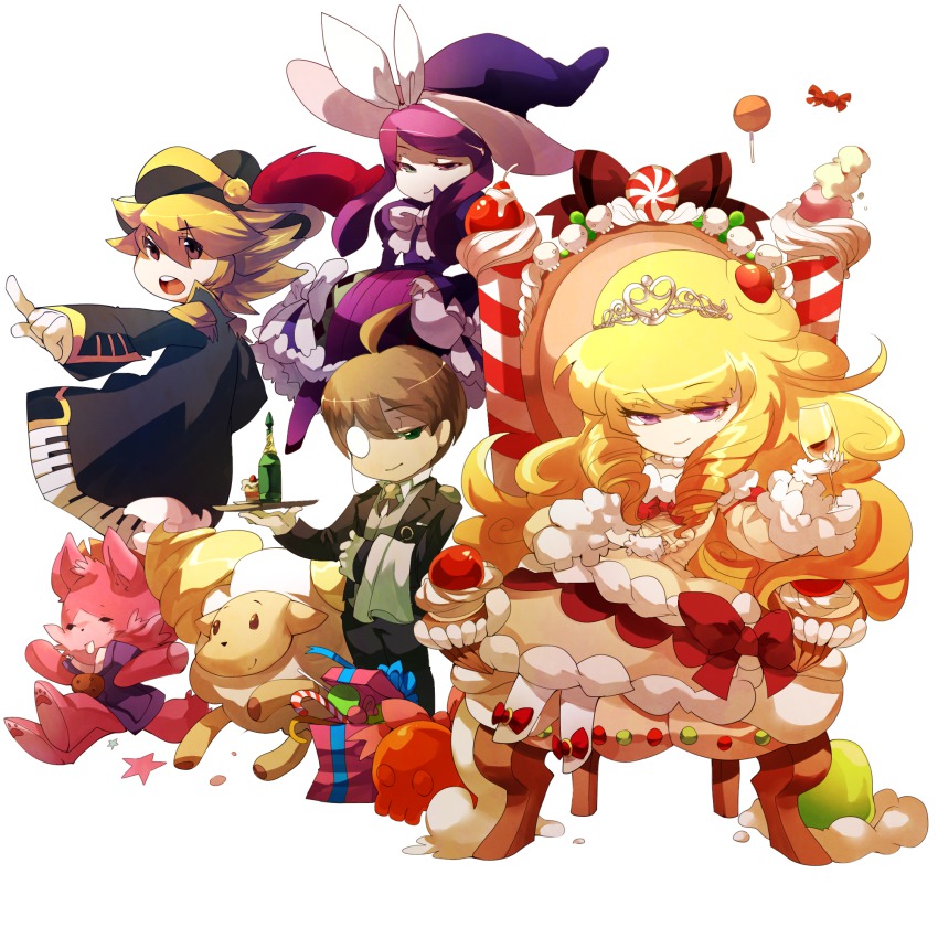 2boys, 2girls, blacklimes, blonde_hair, brown_eyes, brown_hair, butler, candy