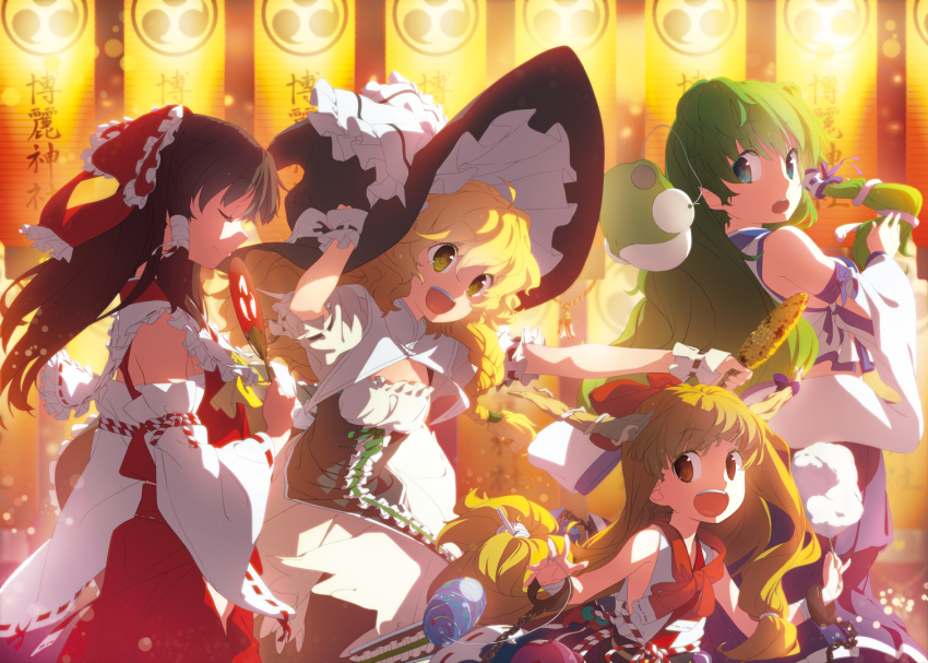 4girls, ahoge, aqua_eyes, ascot, balloon, bandages, blonde_hair, bow