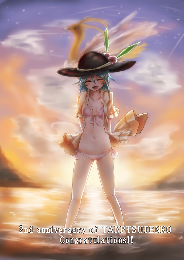 1girl, altaria, alternate_costume, alternate_hair_length_(shorter), alternate_hairstyle, bad_id, bad_pixiv_id, bikini, blush, breasts, cleavage, closed_eyes, cloud, female_focus, food, fruit, gen_3_pokemon, groin, hat, hinanawi_tenshi, leaf, let's_draw_short-haired_hinanawi_tenshi, nintendo, open_mouth, peach, pokemon, pokemon_(creature), short_hair, sky, small_breasts, solo, standing, swimsuit, takorice, touhou