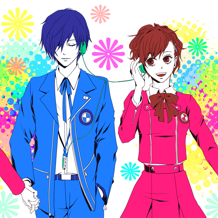 1boy, 1girl, atlus, blue_hair, hair_ornament, hairclip, headphones, persona, persona_3, persona_3_portable, ponytail, red_eyes, red_hair, school_uniform, shiomi_kotone, yuri_(freedom), yuuki_makoto_(persona_3)