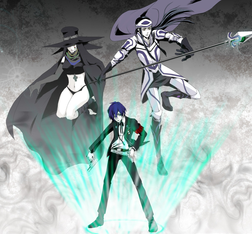 1girl, 2boys, armband, armor, atlus, black_hair, blue_eyes, blue_hair, cape, cross, cu_chulainn_(megami_tensei), demon_(megami_tensei), hair_over_one_eye, hat, highres, long_hair, midriff, multiple_boys, persona, persona_3, polearm, scathach_(megami_tensei), school_uniform, spear, weapon, yuri_(freedom), yuuki_makoto_(persona_3)