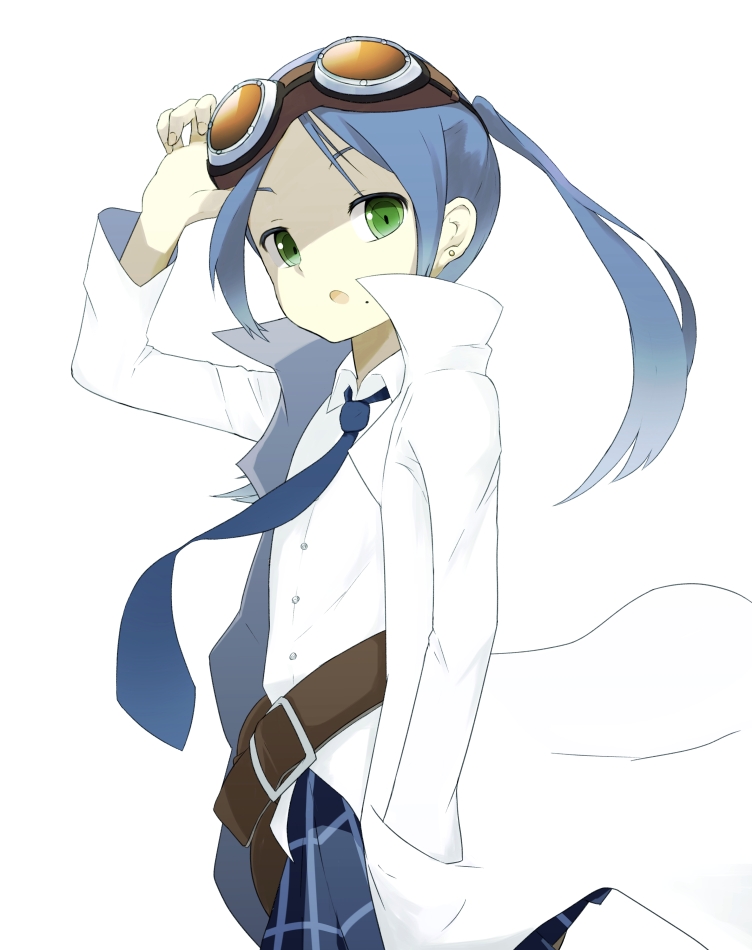 10s, 1girl, adjusting_goggles, belt, blouse, blue_hair, collared_shirt, earrings