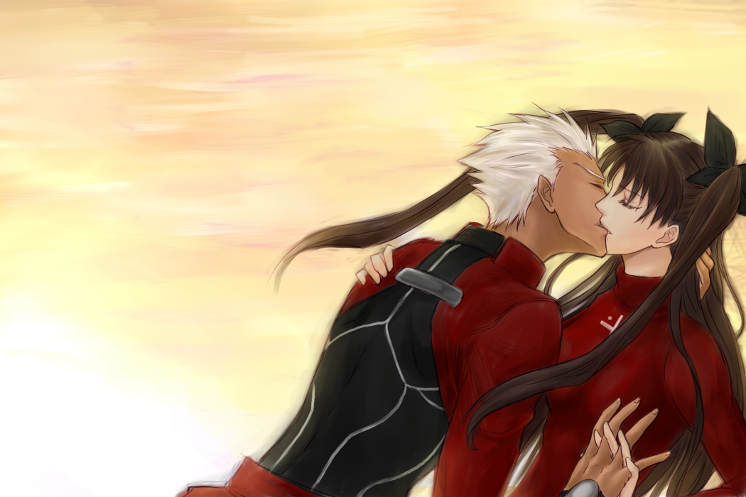 1boy, 1girl, archer_(fate), black_hair, couple, dark_skin, dark-skinned_male, closed_eyes, fate/stay_night, fate_(series), hair_ribbon, hetero, kiss, long_hair, ribbon, tohsaka_rin, two_side_up, white_hair, yuri_(freedom)
