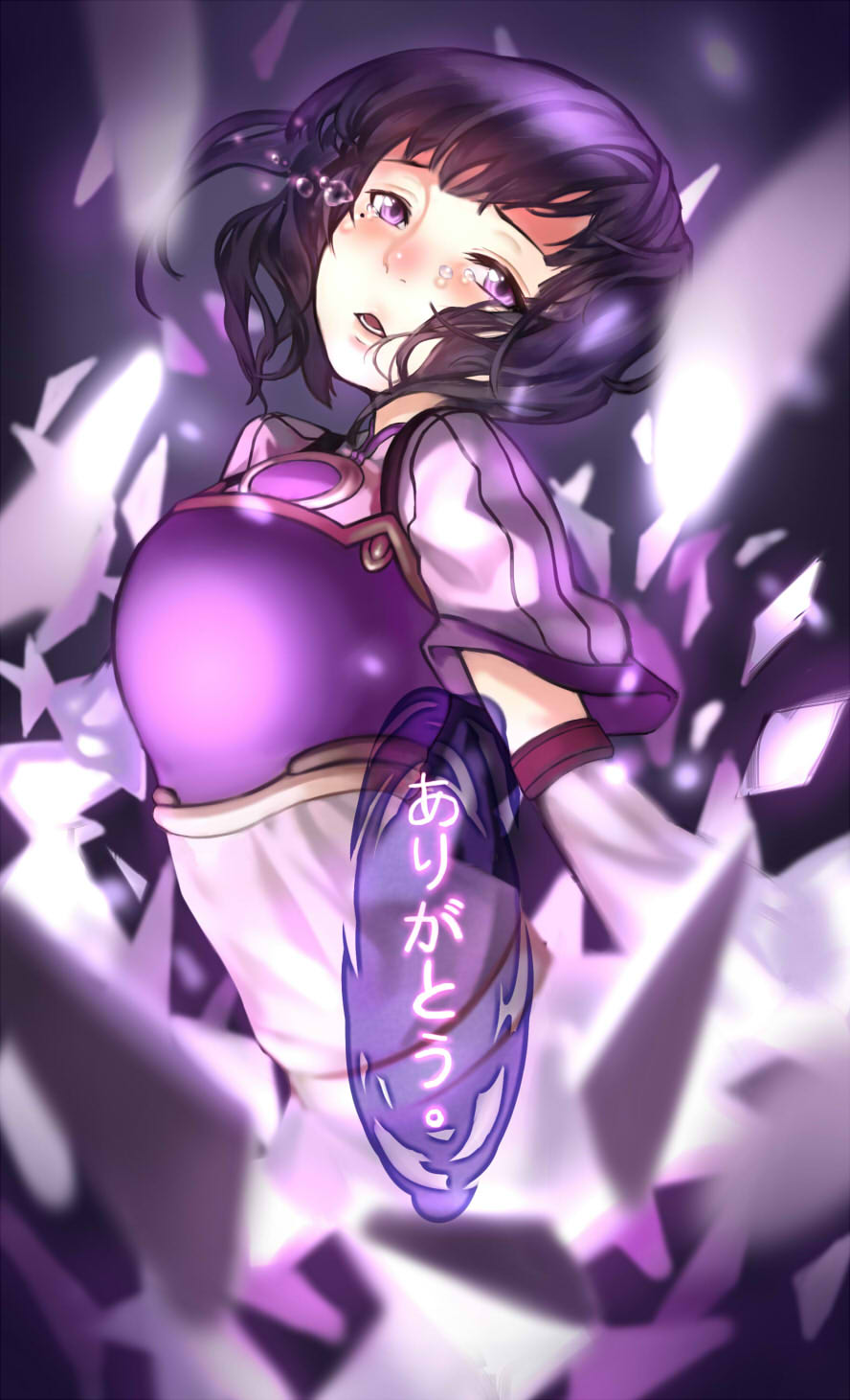 10s, 1girl, armor, blue_hair, digital_dissolve, elbow_gloves, female_focus, gloves, highres, l.green, mole, mole_under_eye, parted_lips, purple_eyes, sachi_(sao), short_hair, solo, spoilers, sword_art_online, tears, text_focus, translated