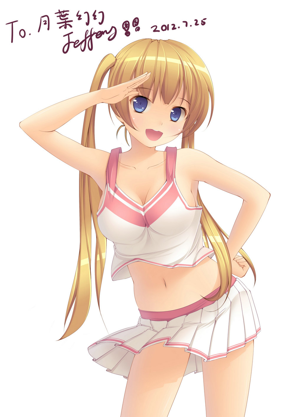1girl, :d, blonde_hair, blue_eyes, breasts, cleavage, clothes_lift, female_focus