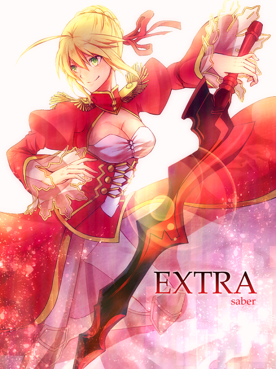 10s, 1girl, aestus_estus, ahoge, blonde_hair, breasts, cleavage, dress