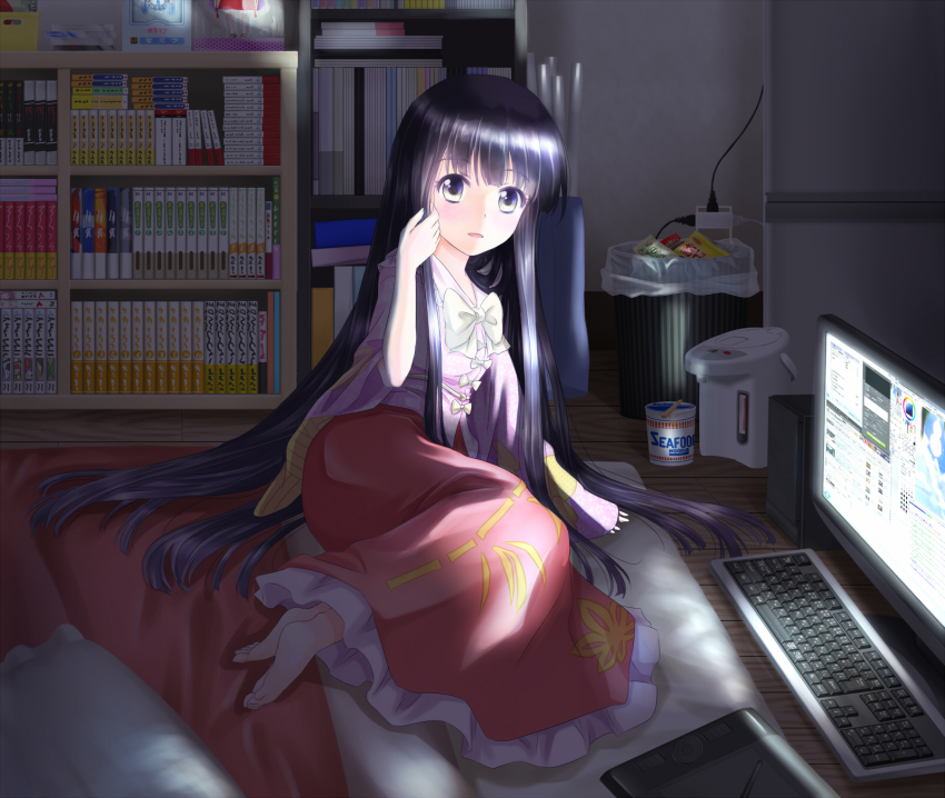 1girl, barefoot, black_hair, blush, book, bookshelf, bow, comic