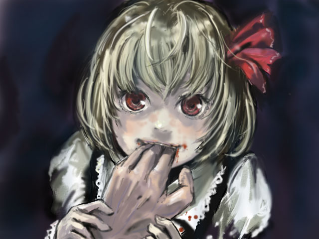 1girl, biting, blonde_hair, blood, embodiment_of_scarlet_devil, female_focus, hand_grab, looking_at_viewer