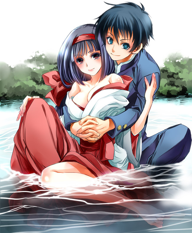 00s, 1boy, 1girl, ajimu_najimi, barefoot, black_hair, blue_eyes, breasts