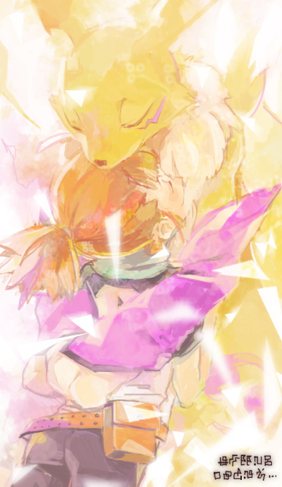 00s, 1girl, 8'108, animal_nose, bag, belt, brown_hair, closed_eyes, detached_sleeves, digimon, digimon_(creature), digimon_tamers, family_bonding, furry, happy, hug, makino_ruki, ponytail, renamon