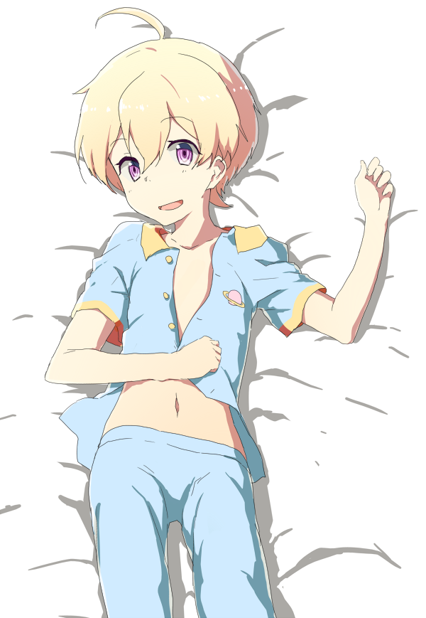 10s, 1boy, bad_id, bad_pixiv_id, blonde_hair, child, dakimakura_(medium), ecocube, eka_eri, haru_(tsuritama), male_focus, on_bed, open_clothes, open_mouth, open_shirt, pajamas, purple_eyes, shirt, short_hair, smile, tsuritama