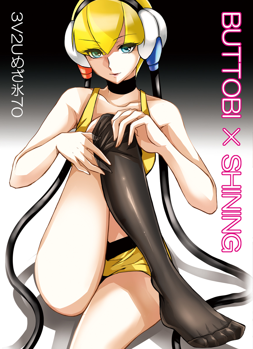 10s, 1girl, alternate_legwear, bare_shoulders, black_thighhighs, blonde_hair, blue_eyes, collarbone, elesa_(pokemon), female_focus, gym_leader, headphones, highres, legs, mintes, nintendo, pokemon, pokemon_black_and_white, sitting, solo, thighhighs, thighhighs_pull