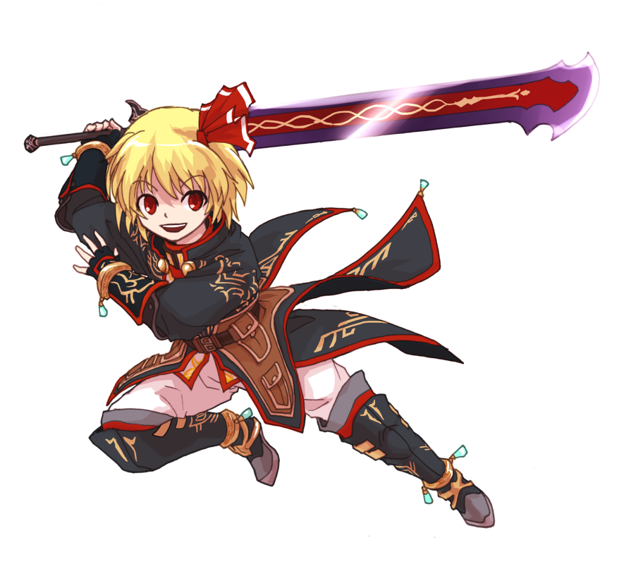 00s, 1girl, alternate_costume, bad_id, bad_pixiv_id, boots, female_focus, final_fantasy, final_fantasy_xi, fingerless_gloves, full_body, gloves, rumia, smile, solo, sword, touhou, towie, transparent_background, weapon