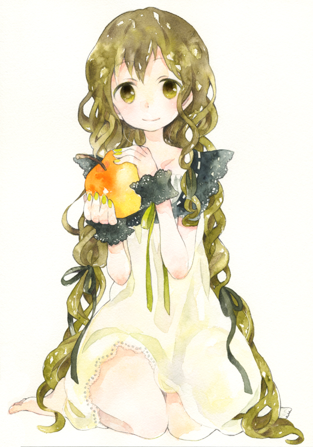 1girl, bad_id, bad_pixiv_id, barefoot, dress, female_focus, food, fruit