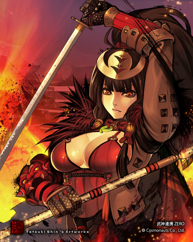 1girl, armor, brown_hair, bushin_renkei_zero, castle, female_focus, fire, gauntlets, gender_request, genderswap, gloves, katana, long_hair, magatama, polearm, ponytail, red_eyes, samurai, sengoku_musou, sengoku_musou_2, shibata_katsuie_(sengoku_musou), shiyue_tiangong, solo, spear, sword, weapon