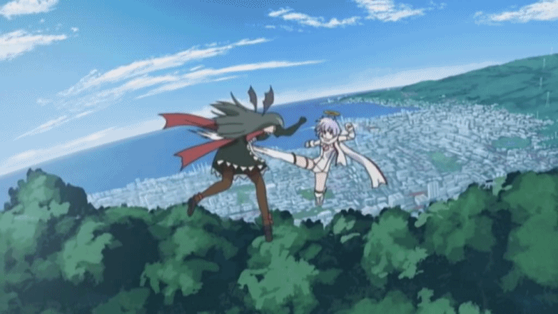 2girls, angel, animated, animated_gif, blue_hair, city, cloud, demon_wings, djibril_zero, elbow_gloves, fighting, gloves, halo, jinno_nagi, kicking, kneehighs, long_hair, magical_girl, maid, makai_tenshi_djibril, makai_tenshi_djibril_3, misty_mei, multiple_girls, ocean, one-piece_swimsuit, pantyhose, scarf, school_swimsuit, short_hair, sky, socks, swimsuit, tree, water, white_school_swimsuit, white_one-piece_swimsuit, wings