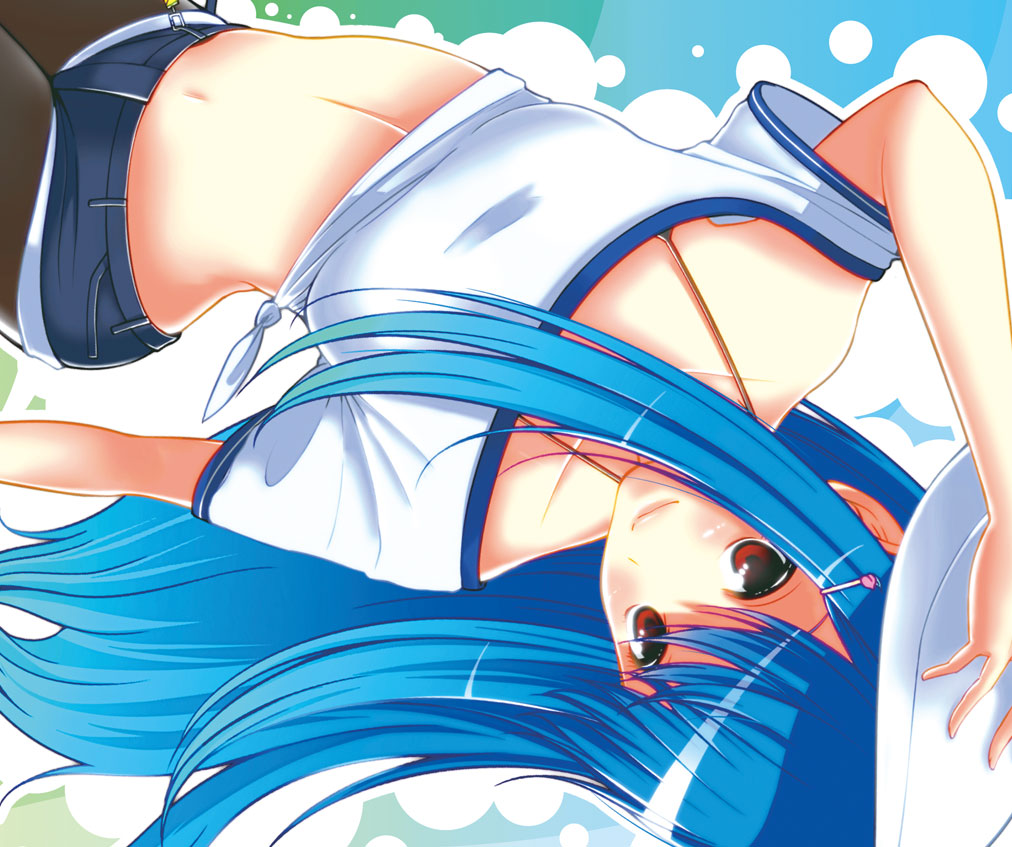 1girl, alternate_costume, bad_id, bad_pixiv_id, black_pantyhose, blue_hair, casual, contemporary, female_focus, hand_on_headwear, hand_on_own_head, hat, hinanawi_tenshi, long_hair, looking_at_viewer, midriff, nine_(kanatei), pantyhose, red_eyes, smile, solo, touhou, very_long_hair