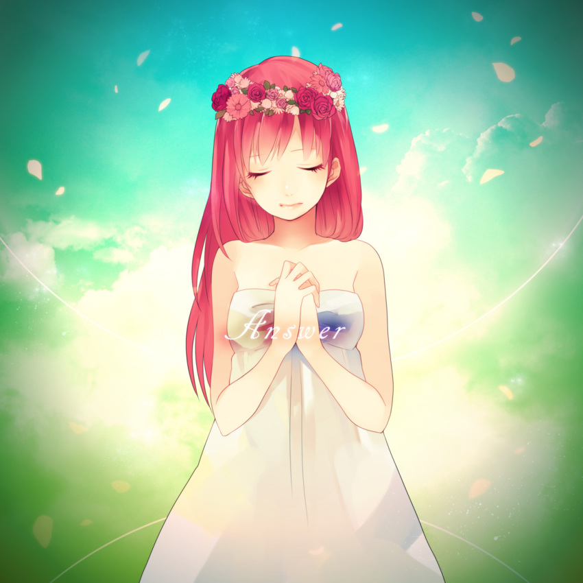 1girl, answer_(vocaloid), bare_shoulders, closed_eyes, crown, dress, female_focus, flower, hair_flower, hair_ornament, head_wreath, highres, lips, long_hair, megurine_luka, momoiro_oji, own_hands_clasped, own_hands_together, petals, pink_hair, solo, vocaloid, white_dress