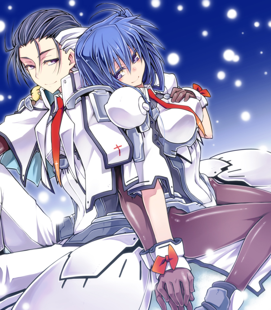 1boy, 1girl, blue_hair, bodysuit, kodama_yuu, long_hair, multicolored_hair, necktie