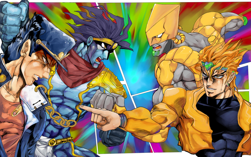 4boys, black_hair, blonde_hair, blue_eyes, dio_brando, fingerless_gloves, gloves, headband, heart, jacket, jojo_no_kimyou_na_bouken, kuujou_joutarou, male_focus, multiple_boys, ryuda, ryurokuman, school_uniform, stand_(jojo), star_platinum, the_world_(stand), yellow_eyes, yellow_jacket