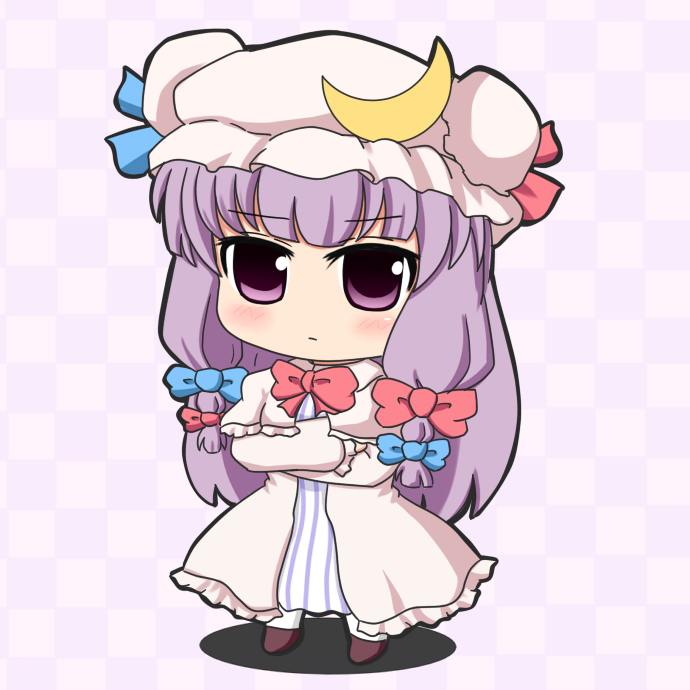 1girl, b.leaf, blush, checkered_background, chibi, crescent, crossed_arms, dress