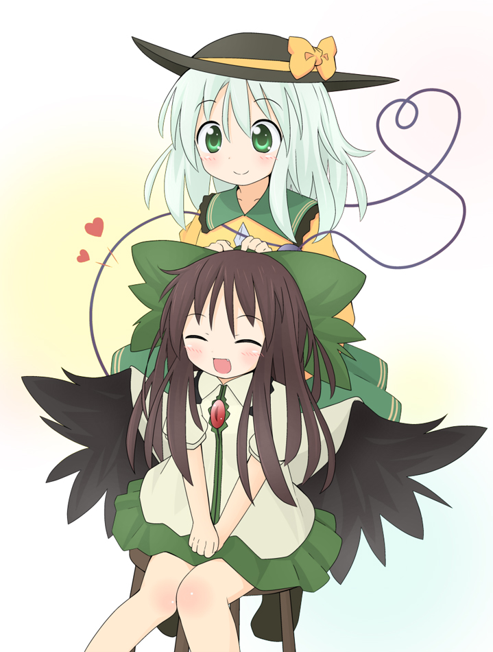 2girls, bad_id, bad_pixiv_id, bird_wings, blush, bow, brown_hair, buchi_(shimauma_kenkyuujo)