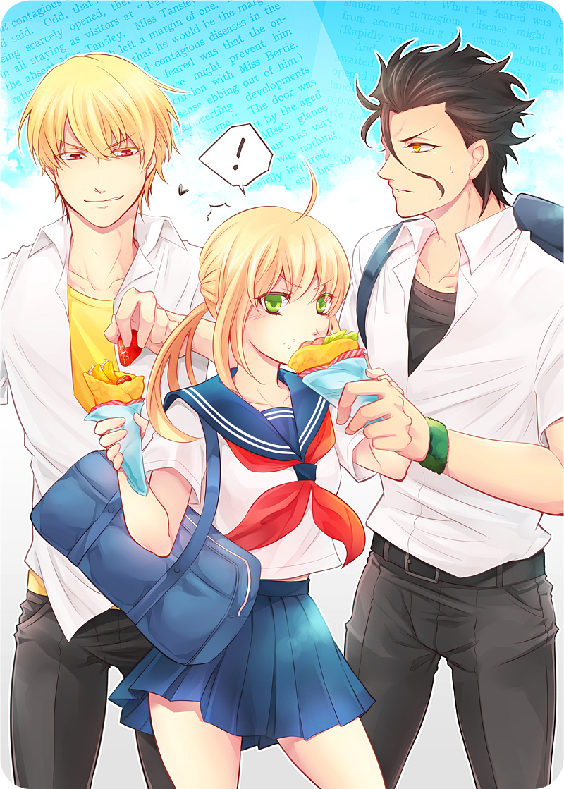 1girl, 2boys, ahoge, alternate_costume, artoria_pendragon_(fate), bag, black_hair, blonde_hair