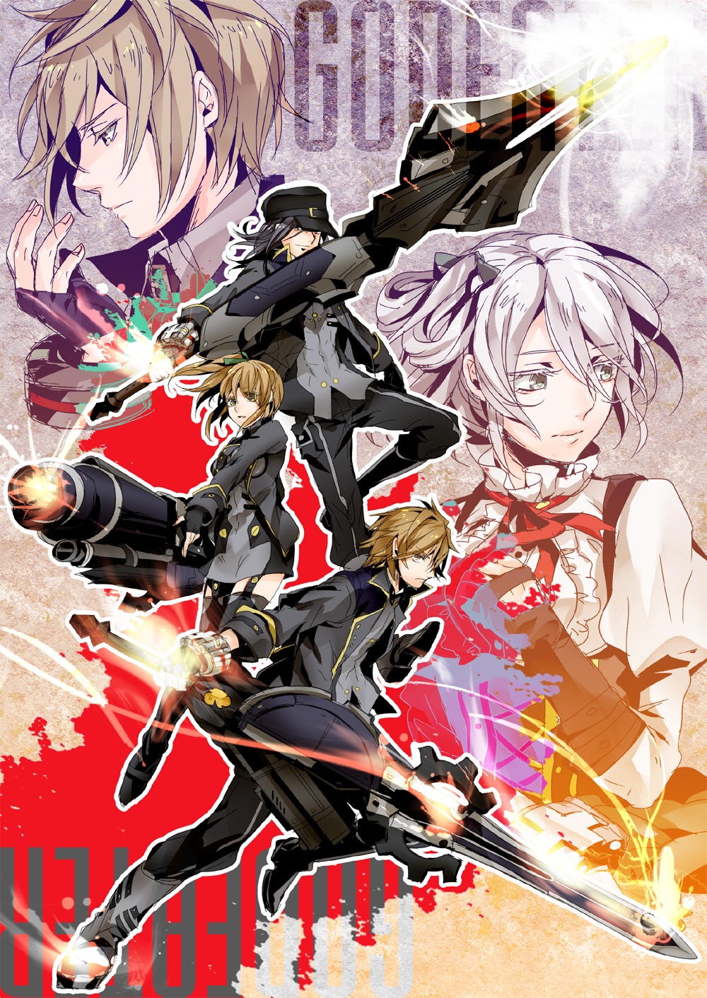 10s, 1girl, 2boys, black_hair, brown_hair, cannon, ciel_alencon, fingerless_gloves, gloves, god_eater, god_eater_2:_rage_burst, hat, highres, julius_(god_eater_2), julius_visconti, multiple_boys, nagi117, player_(god_eater_2), side_ponytail, silver_hair, skirt, sword, thighhighs, weapon