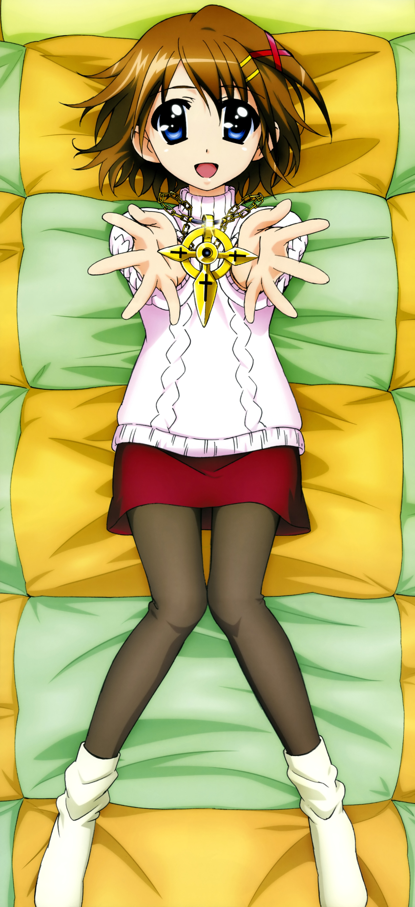 1girl, absurdres, blue_eyes, brown_hair, casual, female_focus, hair_ornament, hashimoto_takayoshi, highres, legs, long_image, lying, lyrical_nanoha, mahou_shoujo_lyrical_nanoha, mahou_shoujo_lyrical_nanoha_a's, mahou_shoujo_lyrical_nanoha_the_movie_2nd_a's, non-web_source, nyantype, official_art, on_back, open_mouth, pantyhose, scan, schwertkreuz, schwertkreuz_(standby_form), socks, solo, stick_poster, tall_image, x_hair_ornament, yagami_hayate