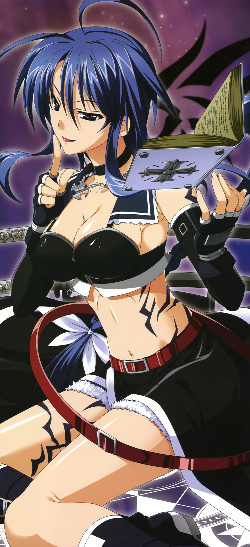 1girl, absurdres, ahoge, bible_of_silver_cross, blue_hair, book, breasts, cleavage, curren_of_huckebein, elbow_gloves, female_focus, fingerless_gloves, gloves, higa_yukari, highres, large_breasts, legs, long_hair, long_image, lyrical_nanoha, mahou_senki_lyrical_nanoha_force, nyantype, official_art, scan, short_hair, solo, stick_poster, tall_image, tattoo