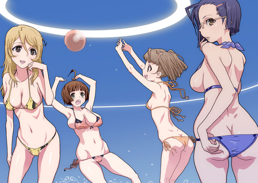 10s, 4girls, adjusting_clothes, adjusting_swimsuit, ahoge, armpits, arms_up, ass