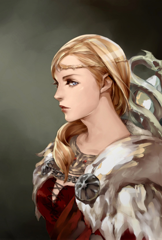1girl, blonde_hair, blue_eyes, capcom, circlet, corset, dragon's_dogma, dragon's_dogma_(series), eriya-j, female_focus, hair_over_shoulder, long_hair, pawn_(dragon's_dogma), pelt, portrait, solo