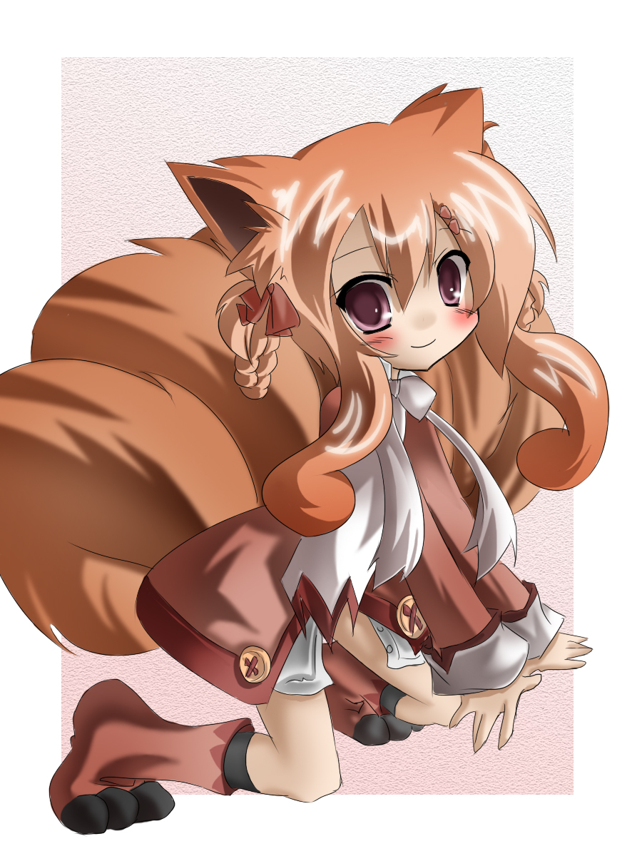 1girl, animal_ears, ascot, bad_id, bad_pixiv_id, blush, boots, bow, braid, brown_hair, female_focus, fox_ears, fox_tail, gen_1_pokemon, hair_bow, hair_ribbon, highres, long_hair, multiple_tails, nemokochi, nintendo, personification, pokemon, purple_eyes, ribbon, smile, solo, tail, tetsu_tissue, twin_braids, vulpix