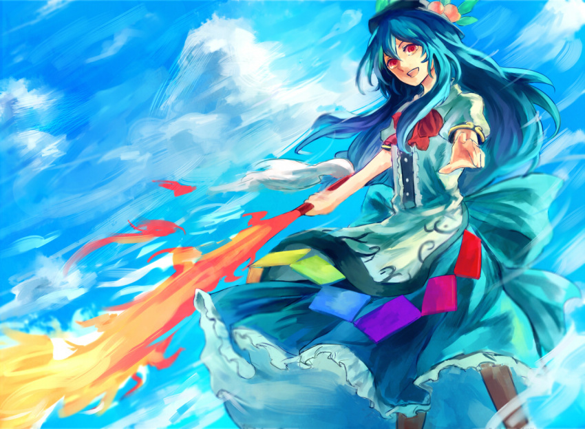 1girl, blue_hair, female_focus, fire, food, fruit, hat, hinanawi_tenshi