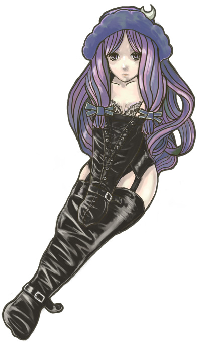 1girl, armbinder, bdsm, bondage, bound, bound_arms, corset, female_focus, leather, legbinder, long_hair, pale_skin, patchouli_knowledge, purple_hair, ryu_(gaquarium), solo, thighhighs, touhou