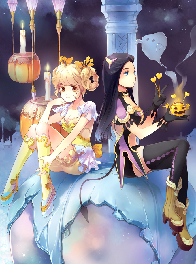 2girls, 9room, argyle_clothes, argyle_legwear, bad_id, bad_pixiv_id, black_gloves, black_legwear, blonde_hair, bloomers, blue_eyes, boston248, candle, dress, gloves, hair_rings, heart, holding, long_hair, multiple_girls, original, sitting, smile, thighhighs, underwear, wax, yellow_eyes