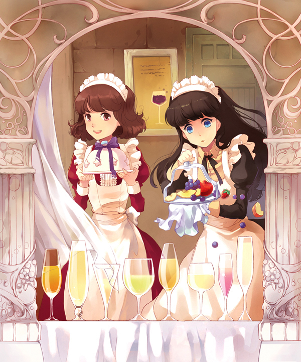 2girls, 9room, :d, apple, apron, black_hair, blue_eyes, brown_hair