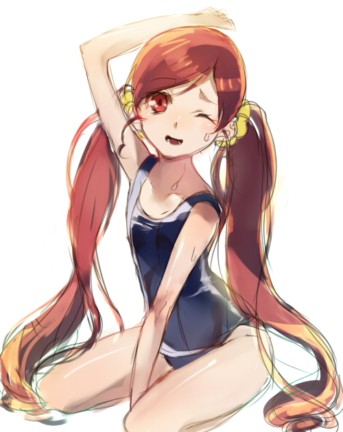 10s, 1girl, female_focus, hanasaki_tsubomi, heartcatch_precure!, long_hair, one-piece_swimsuit, one_eye_closed, precure, raafuru, red_eyes, red_hair, simple_background, sketch, solo, swimsuit, twintails, white_background, wink