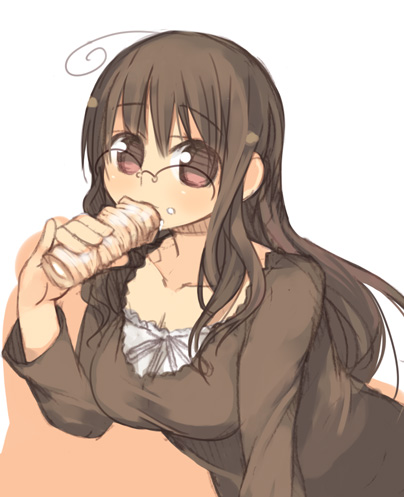 1girl, ahoge, arima_senne, cannoli, collarbone, female_focus, food, frills