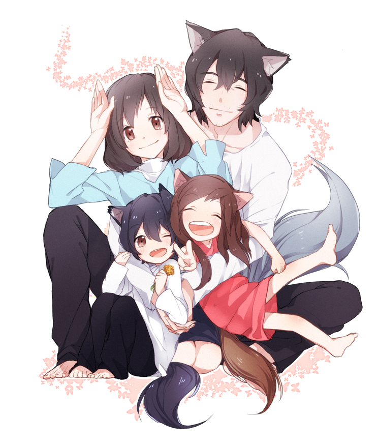 2boys, 2girls, age_difference, ame_(ookami_kodomo), animal_ears, black_hair, brown_eyes, brown_hair