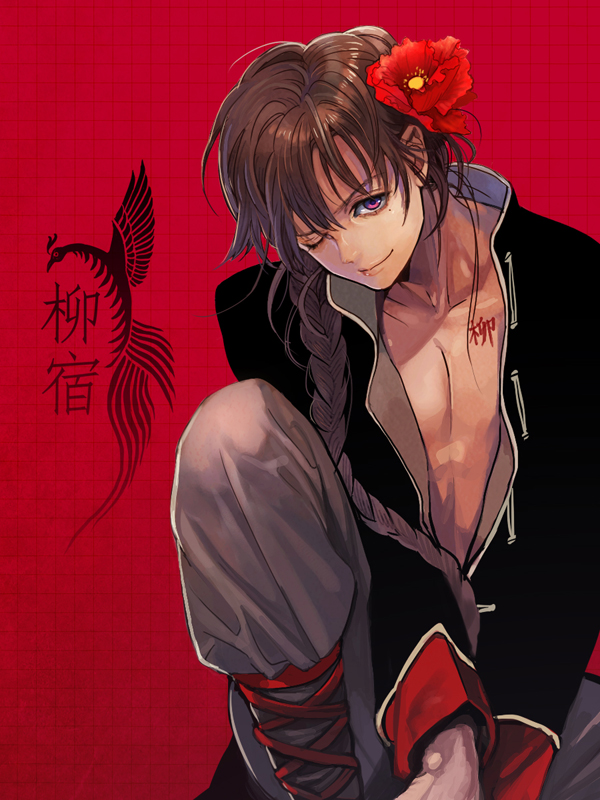 1990s_(style), 1boy, agasang, braid, flower, fushigi_yuugi, hair_flower, hair_ornament