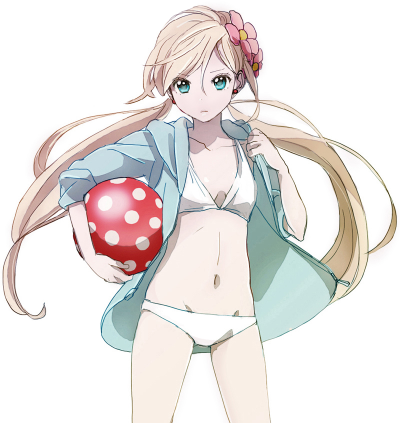 1girl, aqua_eyes, ball, beachball, bikini, blonde_hair, female_focus, flower, hair_flower, hair_ornament, hood, hoodie, long_hair, open_clothes, open_hoodie, original, parka, sleeves_rolled_up, solo, swimsuit, tanedahiwa_(carduelini), twintails