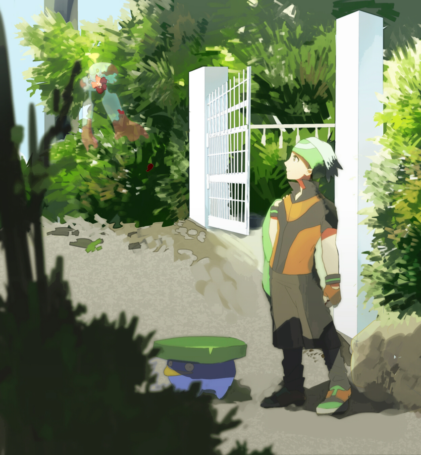 00s, 1boy, alternate_costume, backpack, bad_id, bad_pixiv_id, bag, brendan_(pokemon), child, chimecho, fingerless_gloves, flower, gen_3_pokemon, gloves, grass, hat, highres, kana0503, lotad, nintendo, plant, pokemon, pokemon_(creature), pokemon_ruby/sapphire/emerald, standing