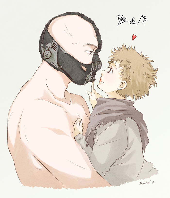 1boy, 1girl, age_difference, animification, bane, batman_(series), child, dark-persian, dc_comics, english_text, mask, mouth_mask, simple_background, size_difference, spoilers, talia_al_ghul, the_dark_knight_rises, topless_male