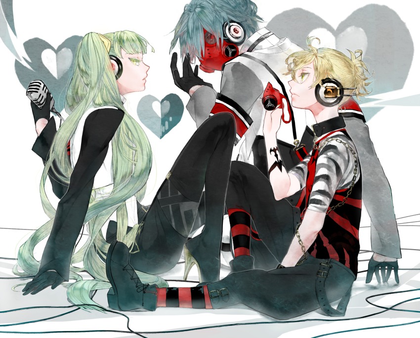 1girl, 2boys, aqua_eyes, aqua_hair, arm_support, black_footwear, black_gloves, blonde_hair
