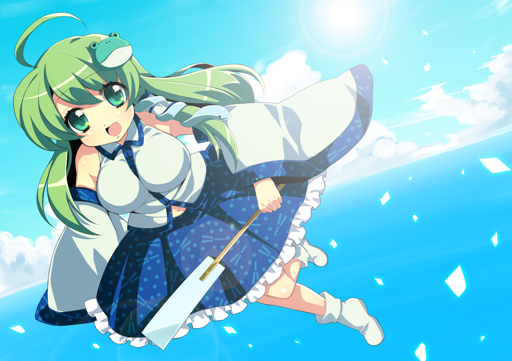1girl, ahoge, akashi_(akashimichi), bad_id, bad_pixiv_id, cloud, day, detached_sleeves, ebichiri, female_focus, frog_hair_ornament, green_eyes, green_hair, hair_ornament, hair_tubes, kochiya_sanae, long_hair, matching_hair/eyes, open_mouth, sky, snake_hair_ornament, solo, sun, touhou, wide_sleeves