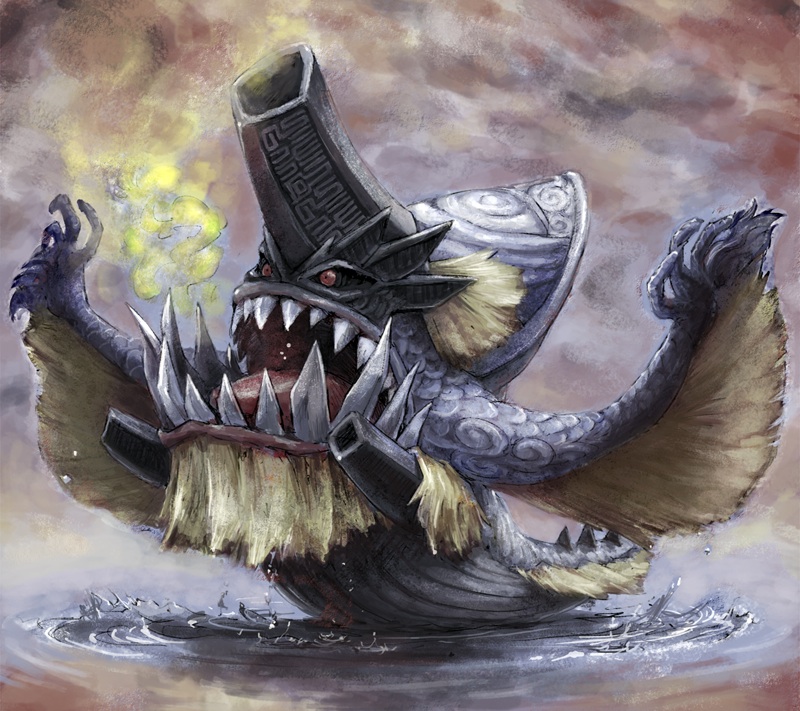 10s, cannon, gboro-gboro, god_eater, god_eater_burst, monster, no_humans, red_eyes, sharp_teeth, teeth, tsuyakeshi_chairo, water