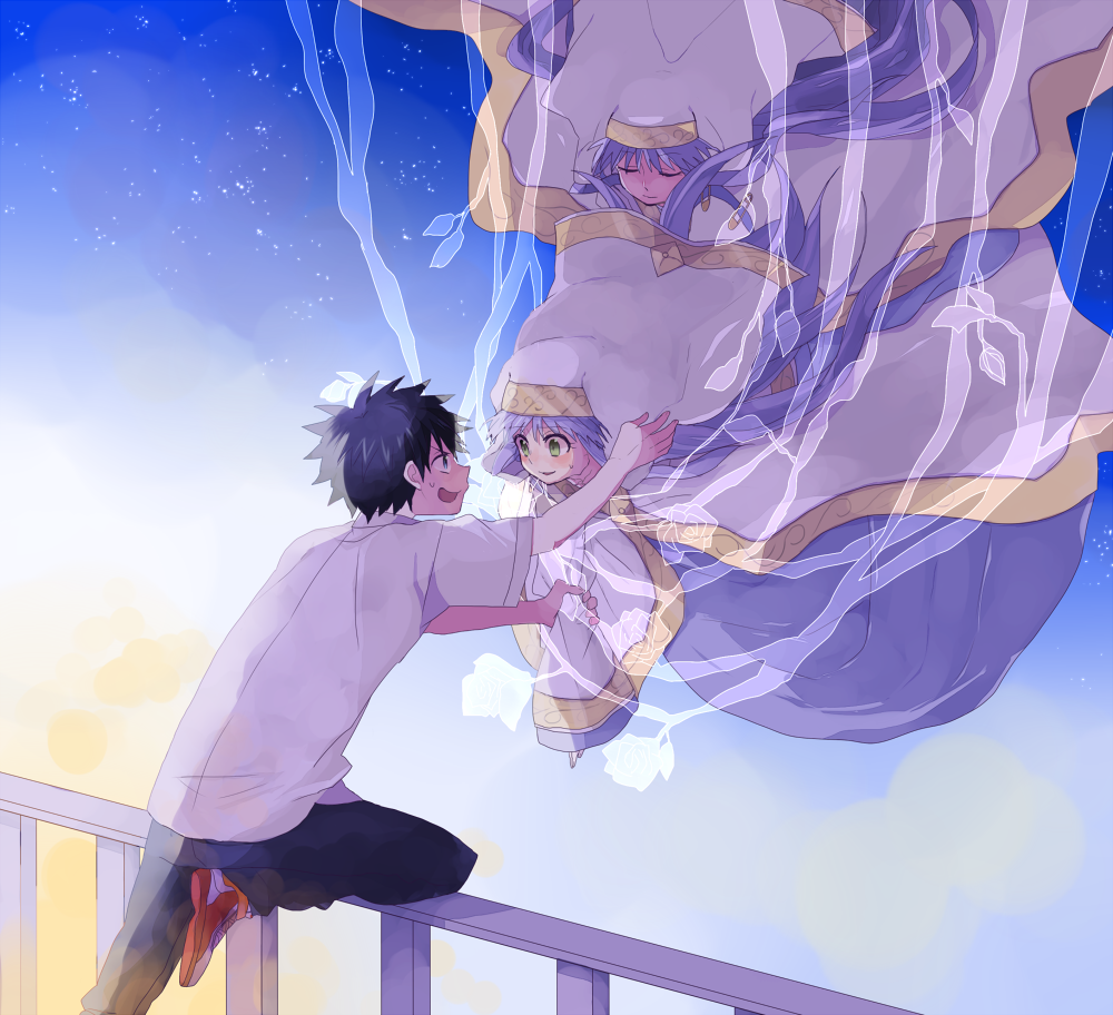 black_hair, blue_hair, blush, dual_persona, green_eyes, habit, index_(toaru_majutsu_no_index), kamijou_touma, niwatoriko, nun, nun_headdress, robe, safety_pin, school_uniform, short_hair, smile, spiked_hair, toaru_majutsu_no_index