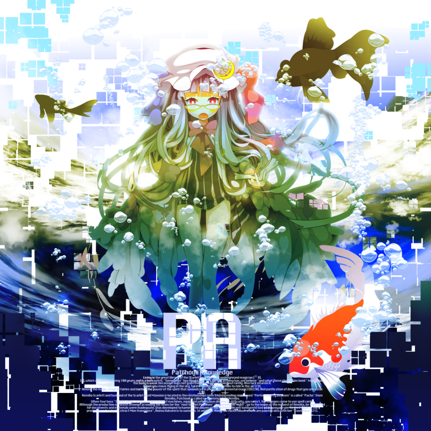 1girl, bespectacled, crescent, female_focus, fish, glasses, hat, highres