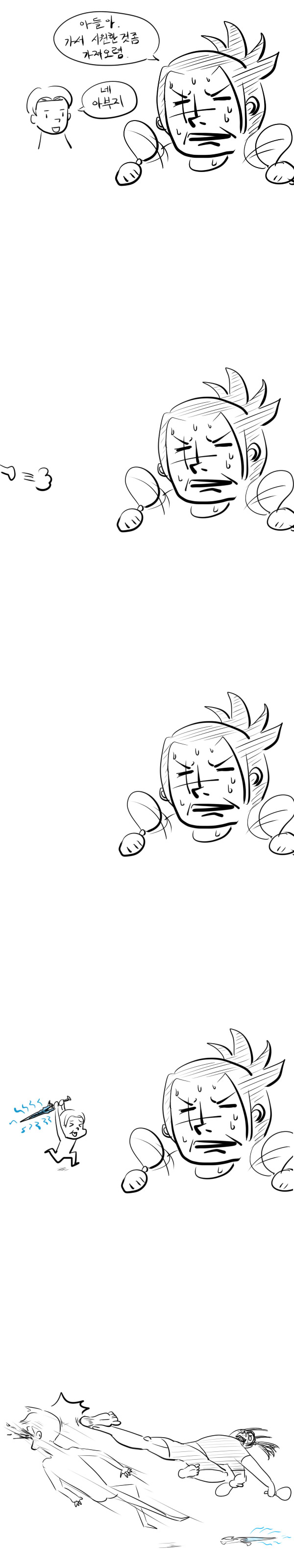 2boys, absurdres, age_difference, anduin_wrynn, comic, father_and_child, father_and_son, flying_kick